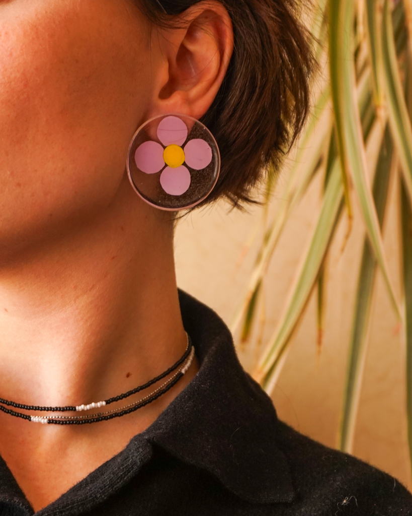 flower power earrings forget-me-nots on ear